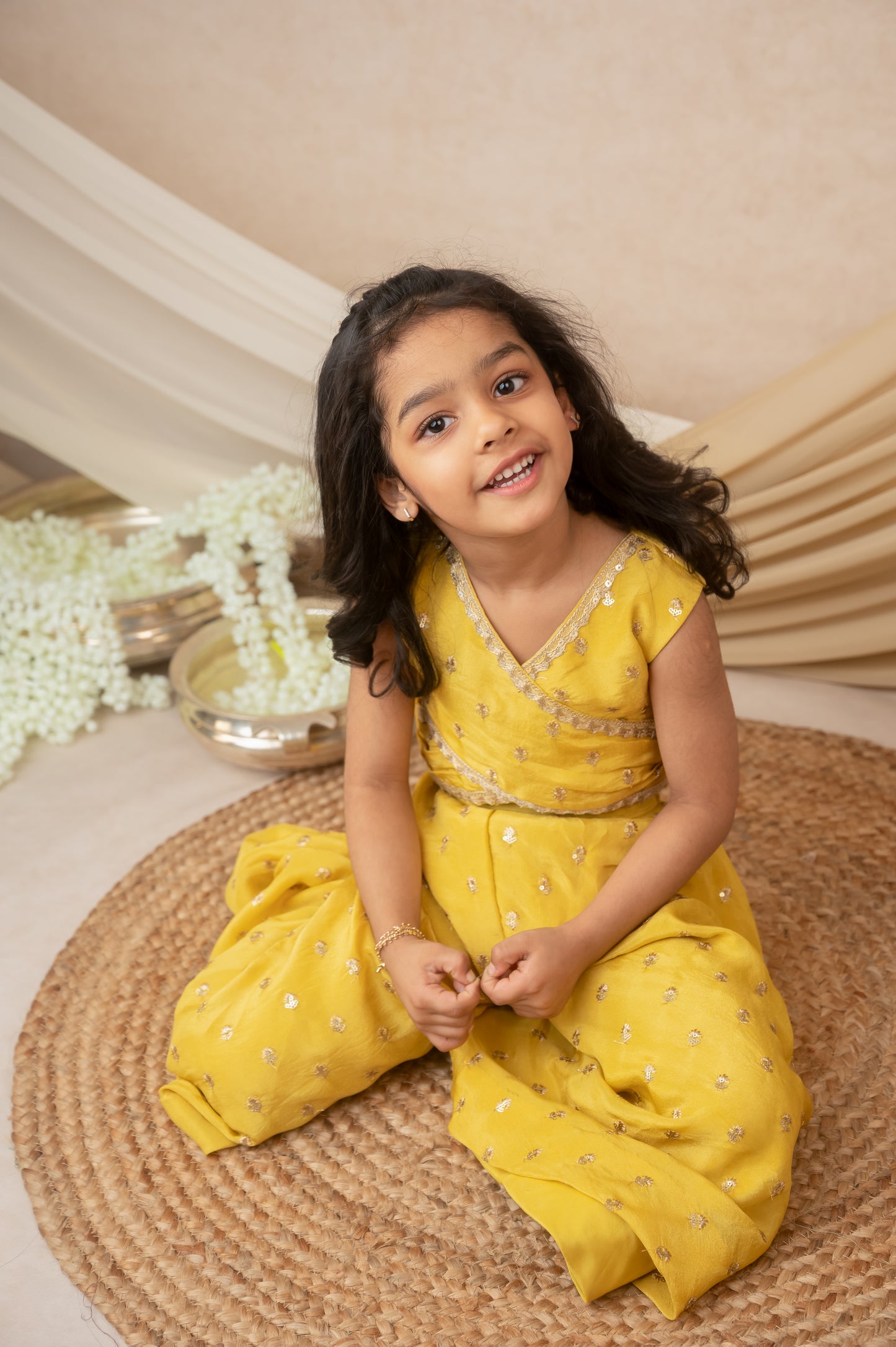 Yellow Silk Tissue Palazzo Set with Sequin Lace Finish