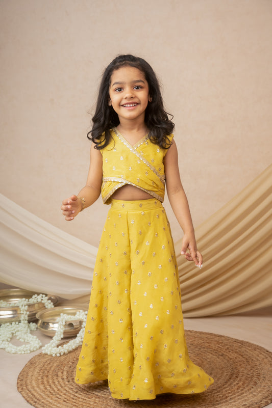 Yellow Silk Tissue Palazzo Set with Sequin Lace Finish