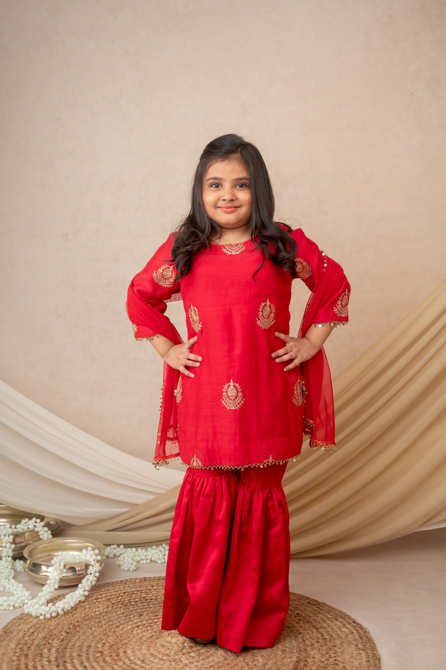 Red Mukaish Booti Kurta Garara Set with Dupatta