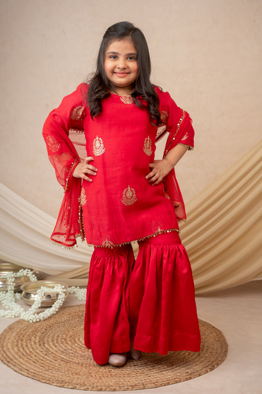 Red Mukaish Booti Kurta Garara Set with Dupatta