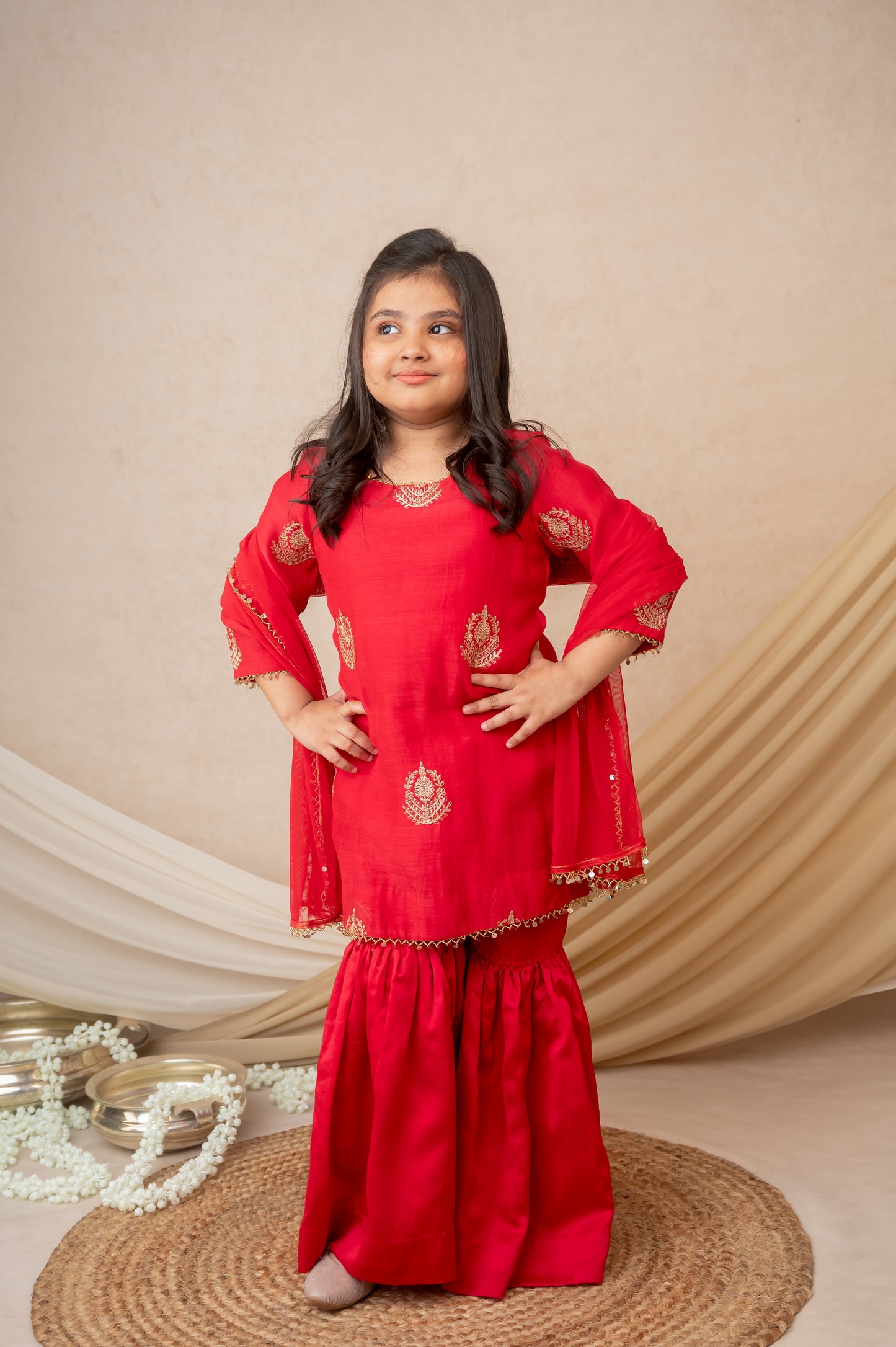 Red Mukaish Booti Kurta Garara Set with Dupatta