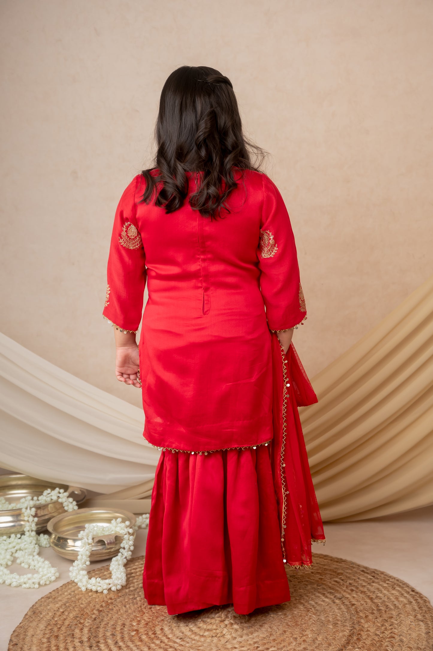 Red Mukaish Booti Kurta Garara Set with Dupatta