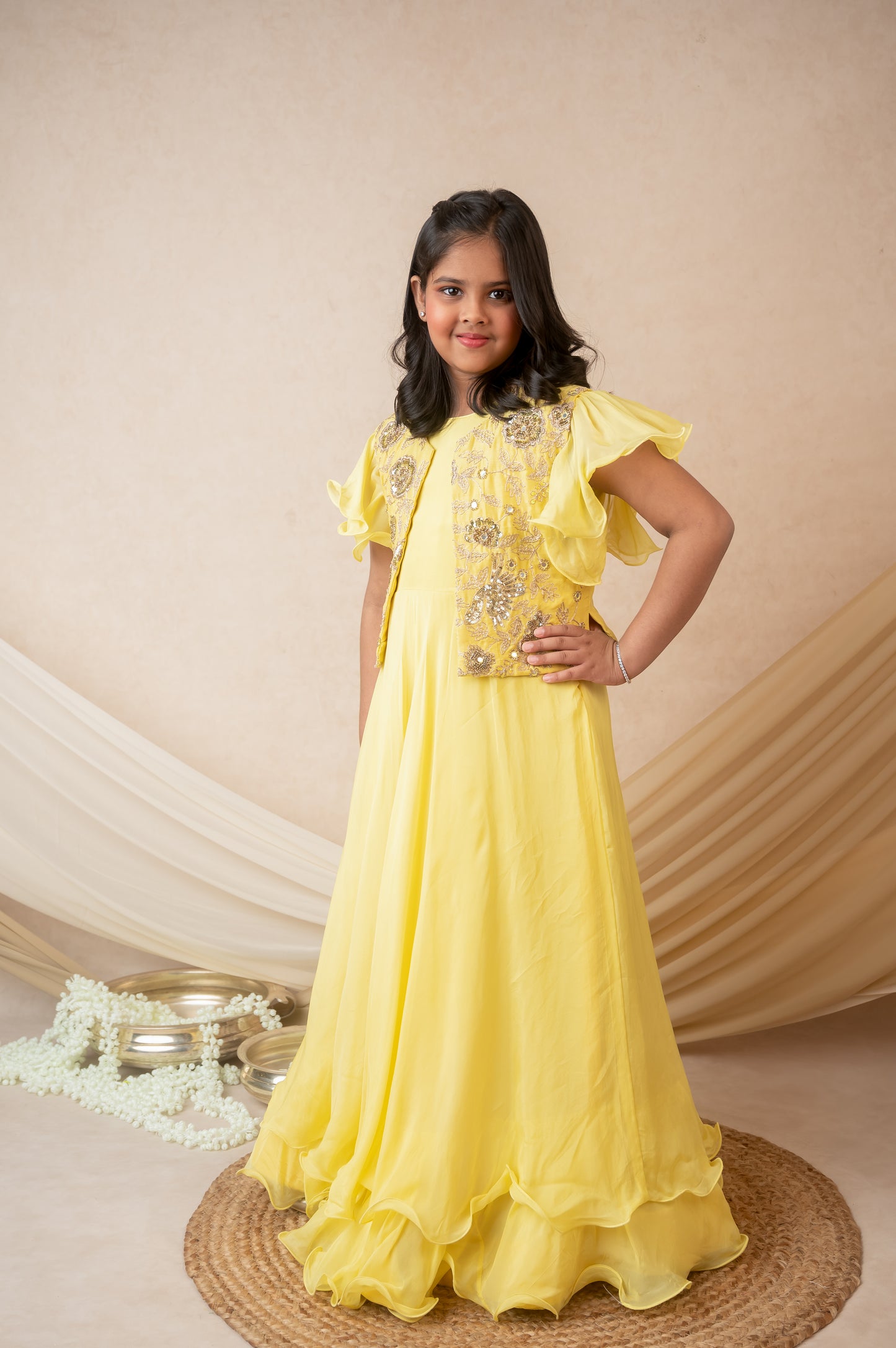 Yellow Organza Gown with Embroidered Jacket