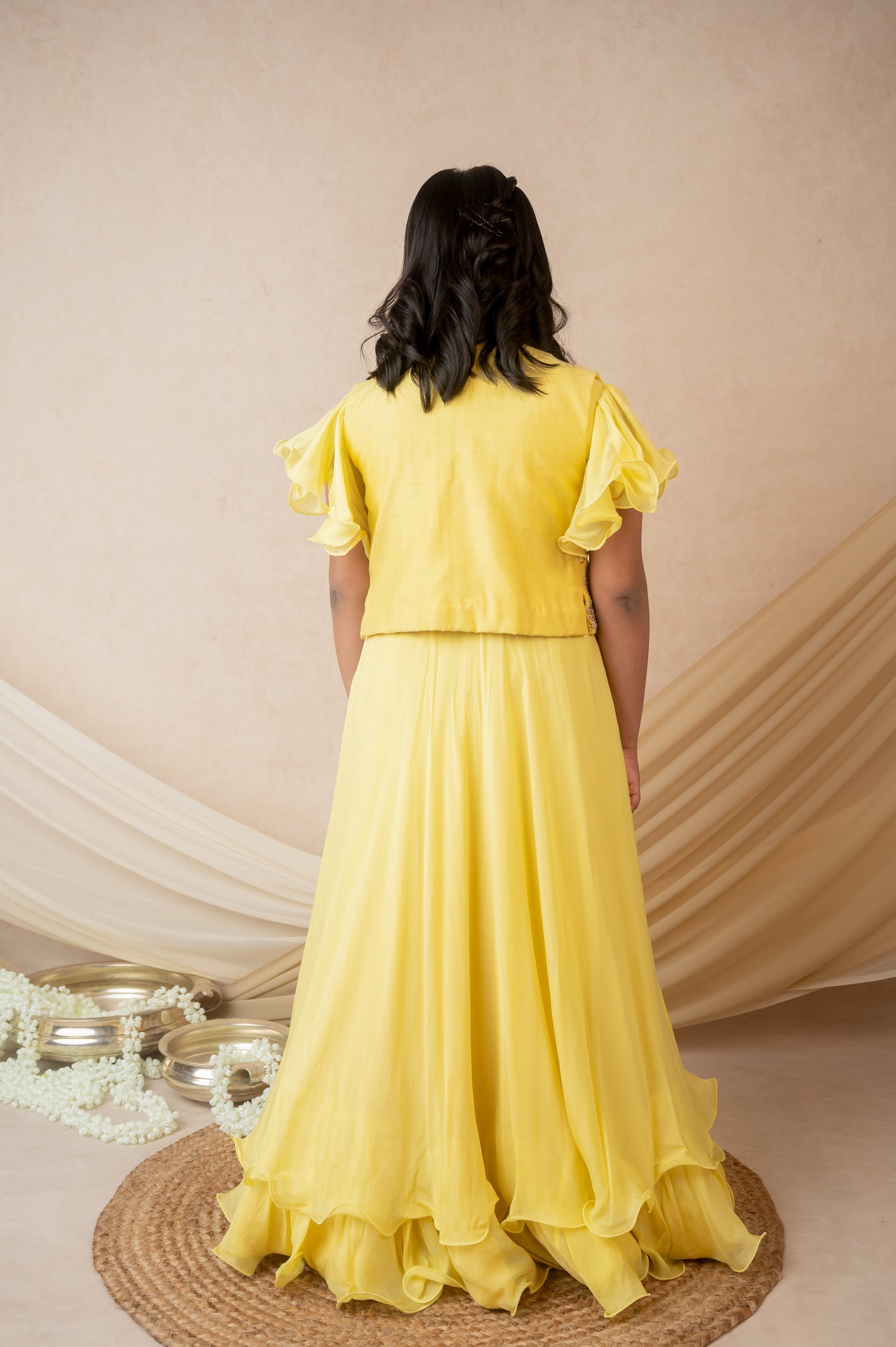 Yellow Organza Gown with Embroidered Jacket