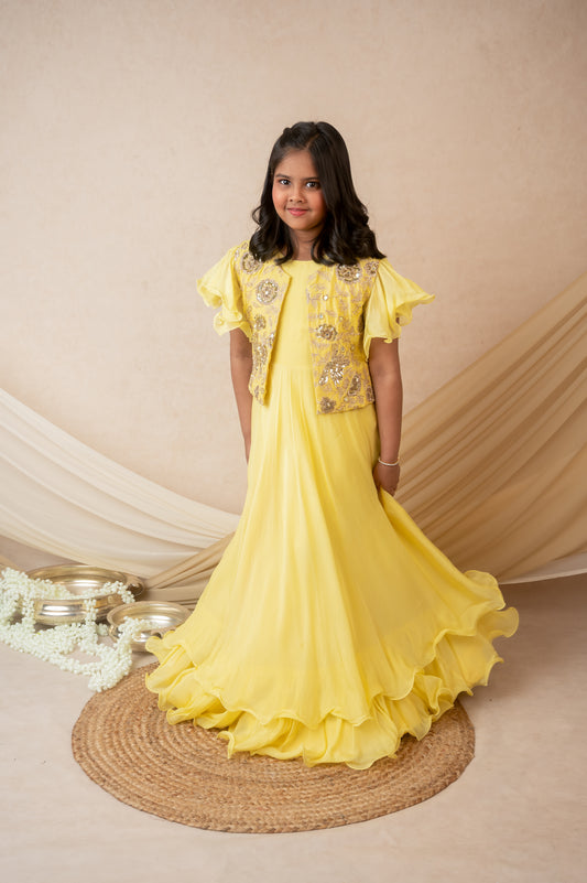 Yellow Organza Gown with Embroidered Jacket