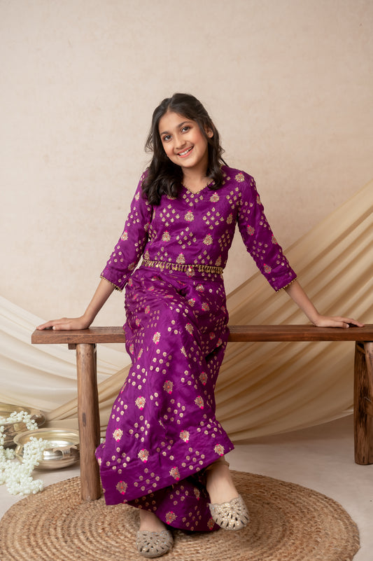 Magenta Benarasi Silk Palazzo Set with Moti & Zari Embellishment