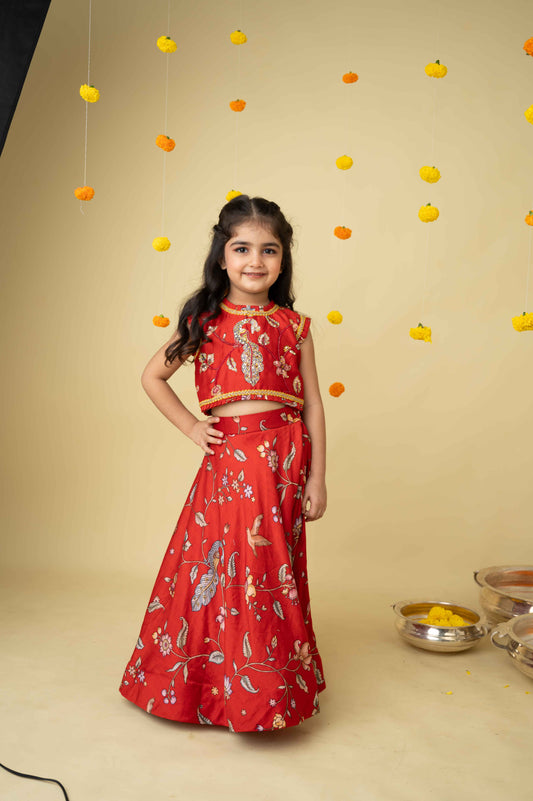 Red Pleated Neck Chanderi Top with Ghagra Set
