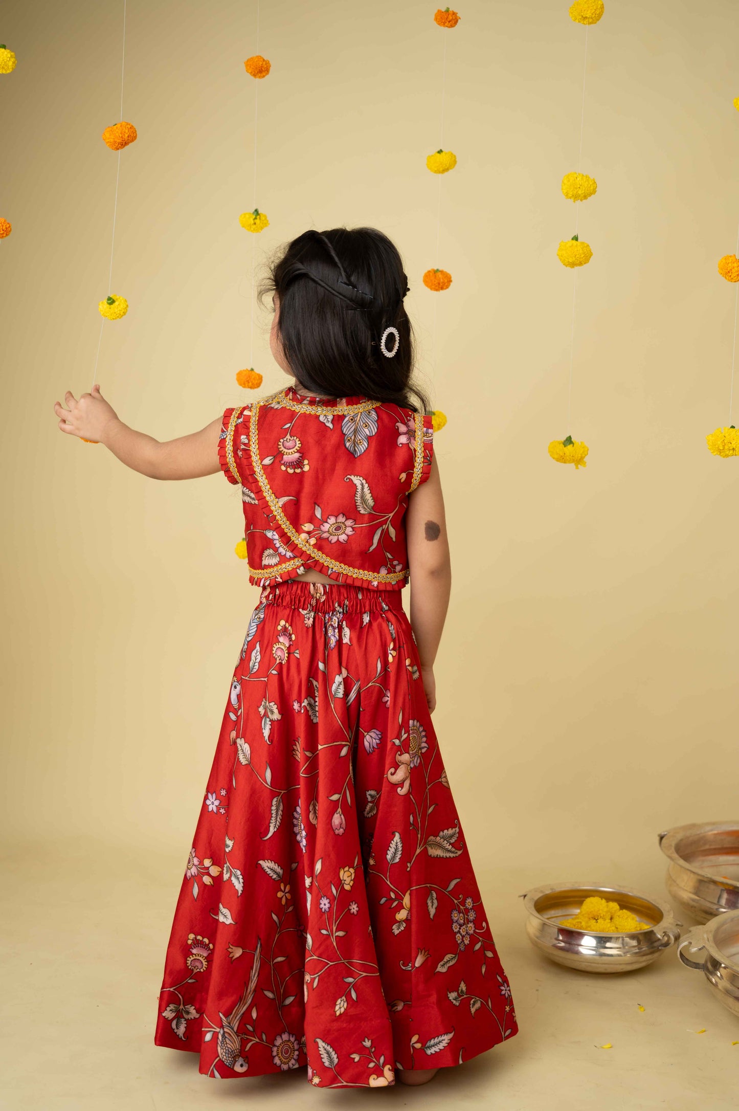 Red Pleated Neck Chanderi Top with Ghagra Set