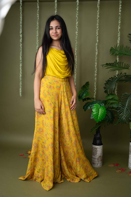 Yellow Printed Cowl Neck Palazzo Set