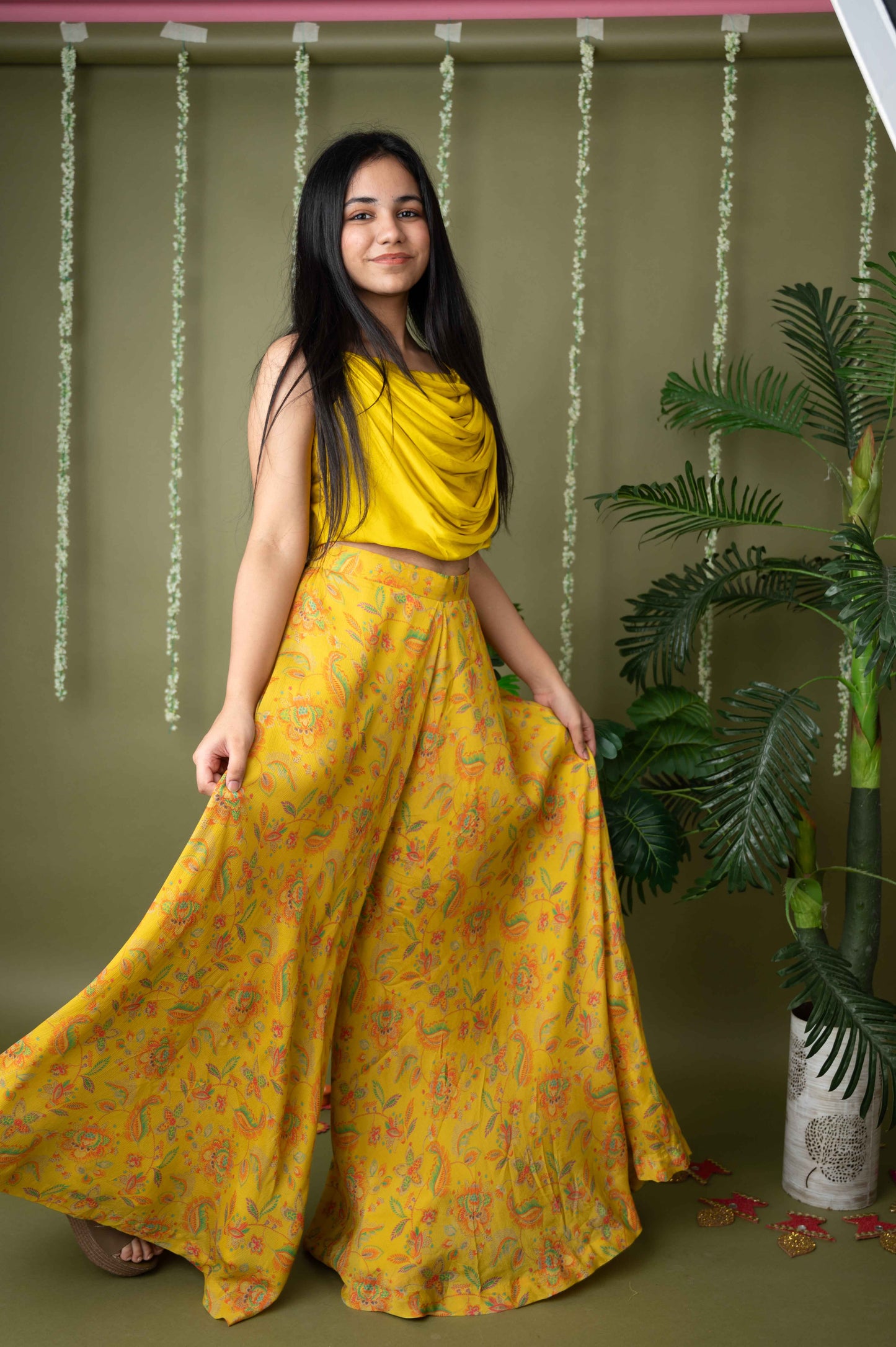 Yellow Printed Cowl Neck Palazzo Set