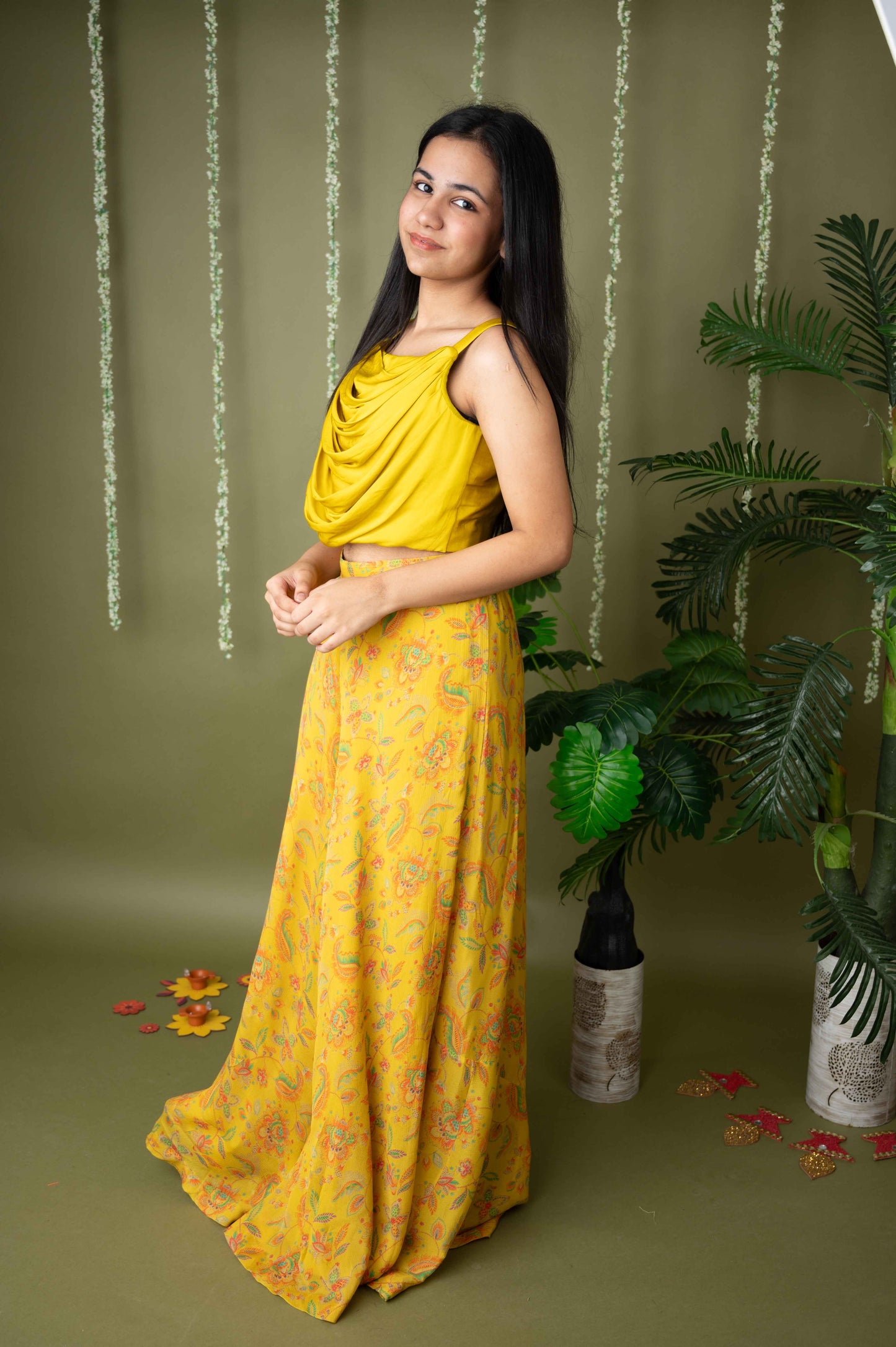 Yellow Printed Cowl Neck Palazzo Set