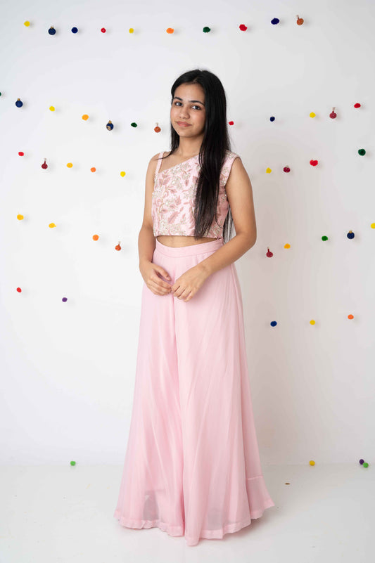 Pink One-Shoulder Embroidered Crop Top with Palazzo