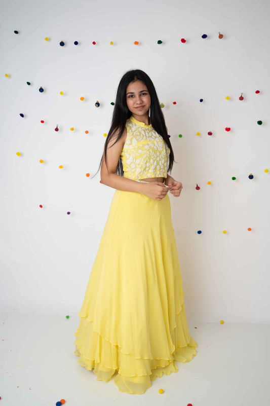 Yellow Pearl Embroidered Halter Top with Layered Skirt