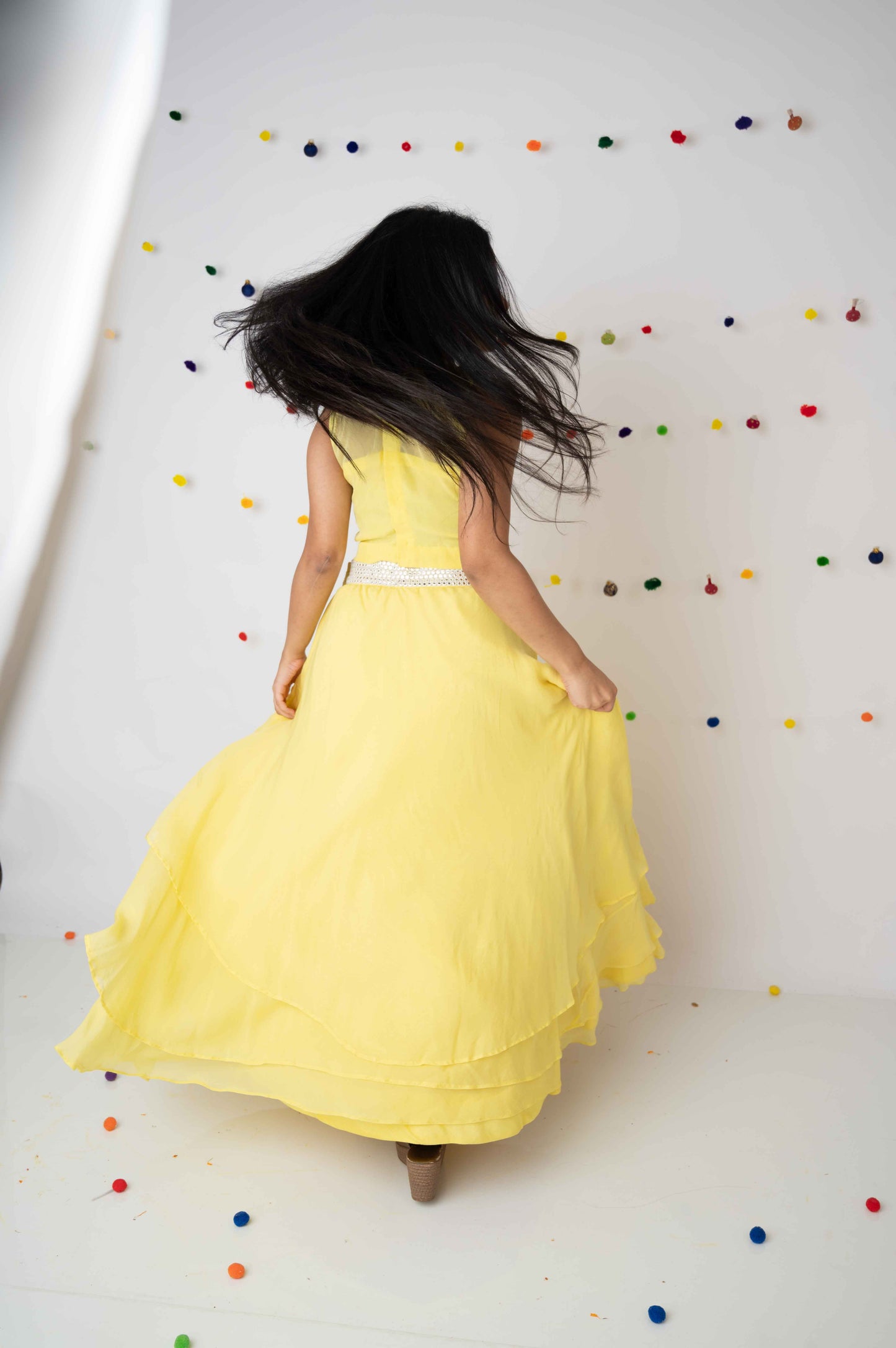 Yellow Pearl Embroidered Halter Top with Layered Skirt