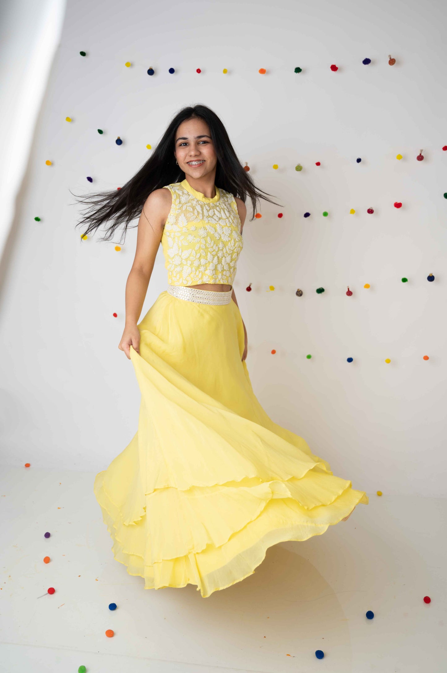 Yellow Pearl Embroidered Halter Top with Layered Skirt