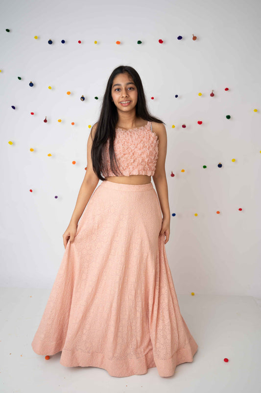 Peach Hand-Embroidered Crop Top with Flowy Skirt