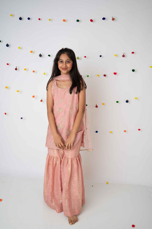Pink Zari Jaal Kurta with Garara & Net Dupatta