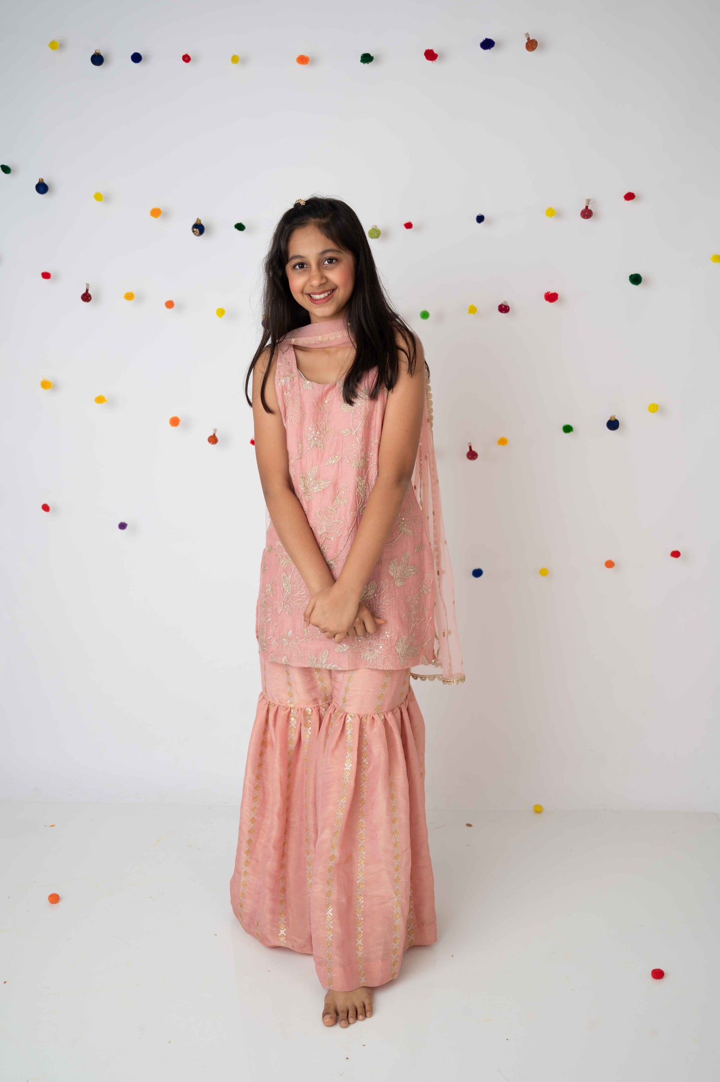 Pink Zari Jaal Kurta with Garara & Net Dupatta