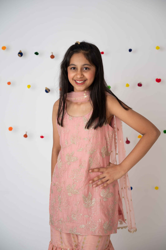 Pink Zari Jaal Kurta with Garara & Net Dupatta