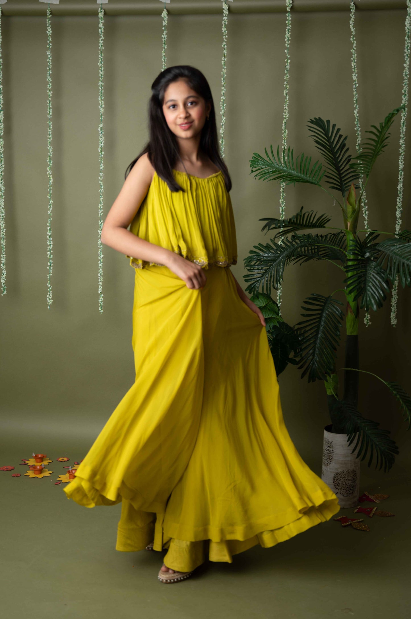 Green Pleated Top with Palazzo Set