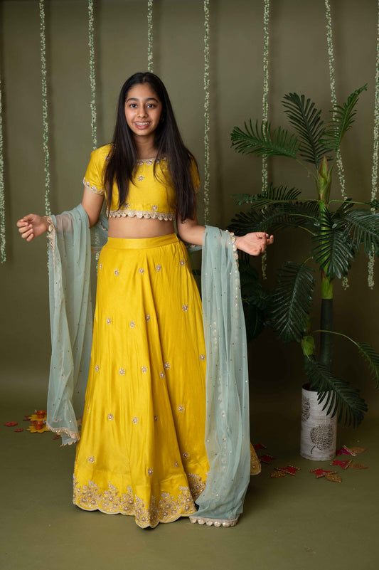 Yellow Hand Embroidered Ghagra Set with Ice Blue Dupatta