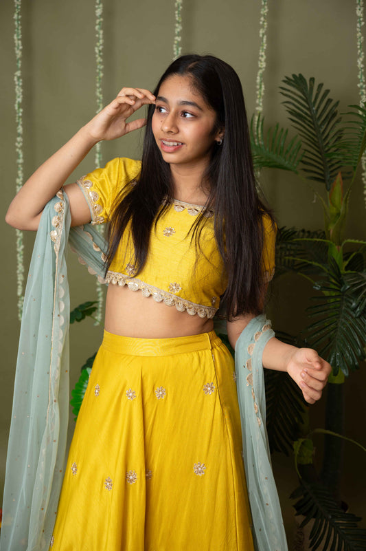 Yellow Hand Embroidered Ghagra Set with Ice Blue Dupatta