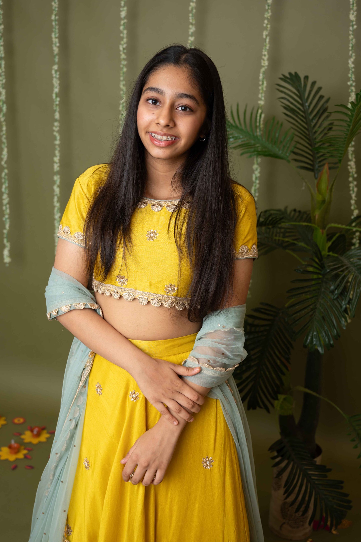 Yellow Hand Embroidered Ghagra Set with Ice Blue Dupatta
