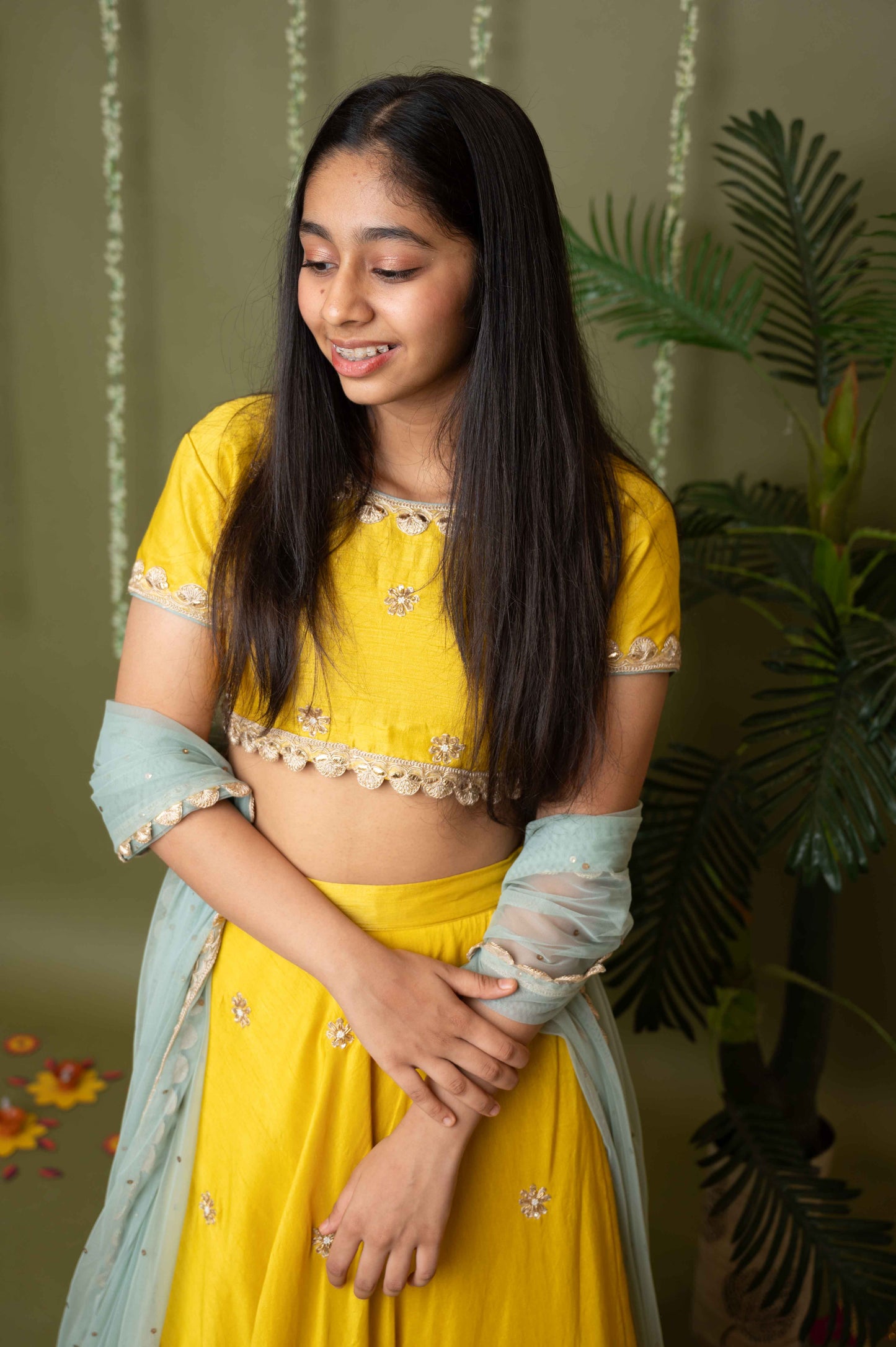 Yellow Hand Embroidered Ghagra Set with Ice Blue Dupatta