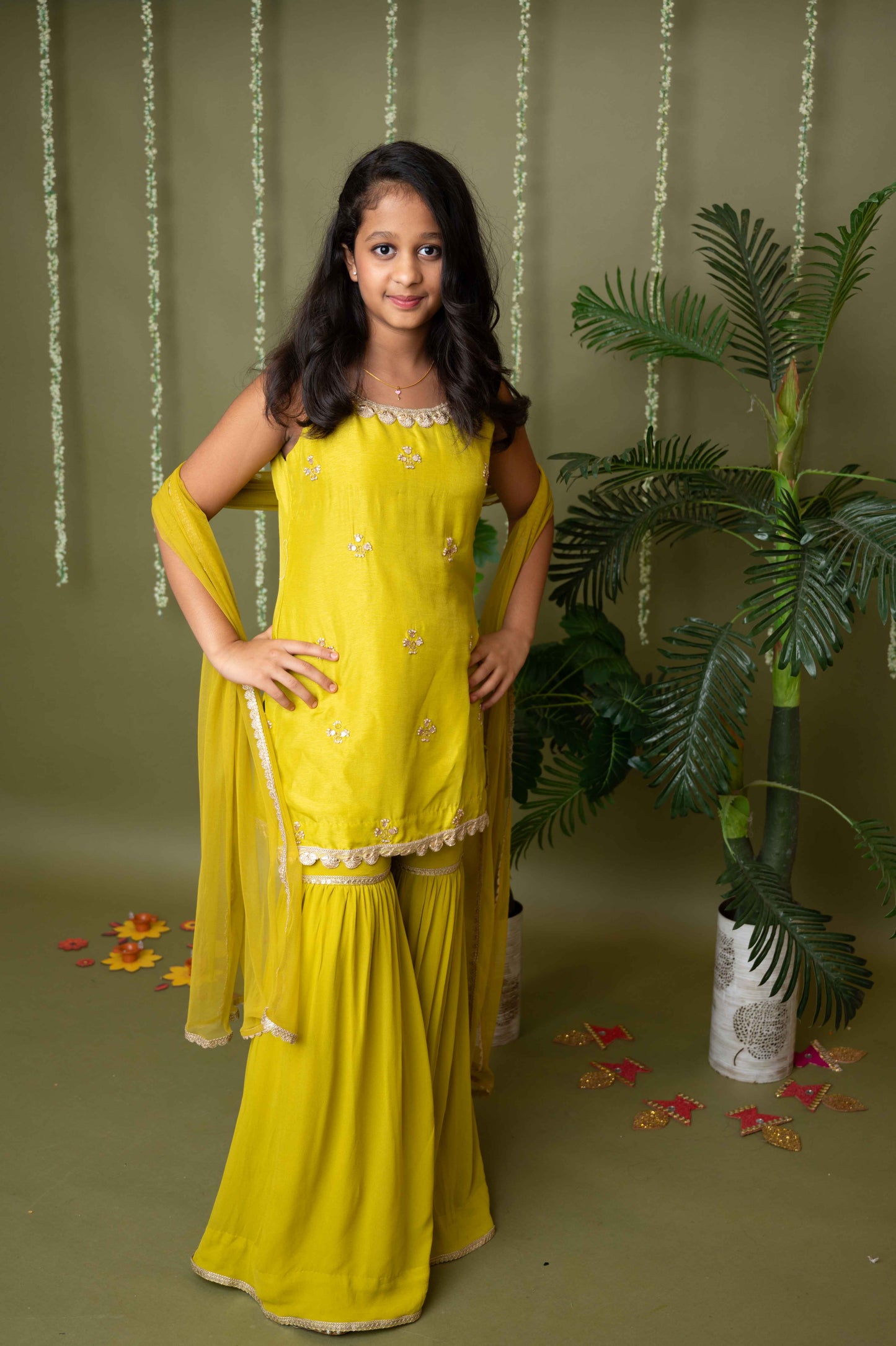 Green Gota Hand Embroidered Kurta Garara Set