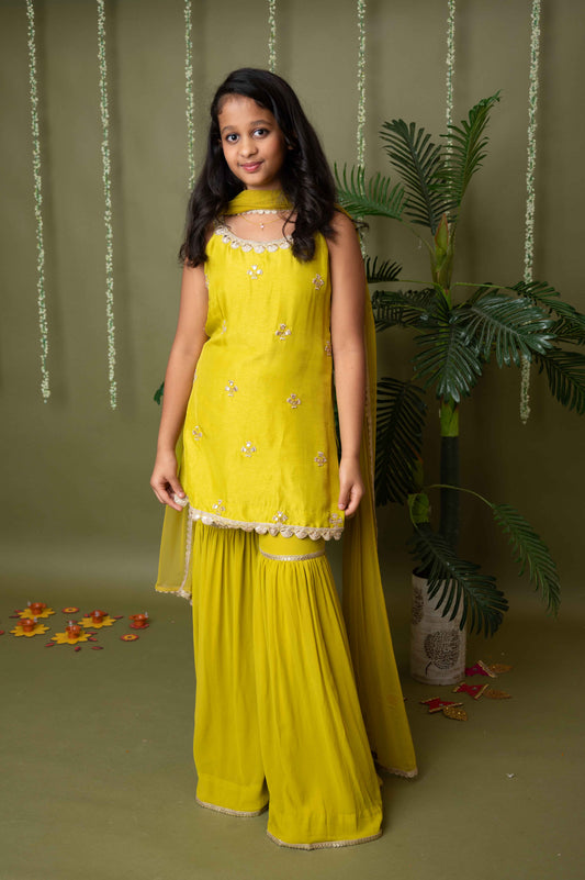 Green Gota Hand Embroidered Kurta Garara Set