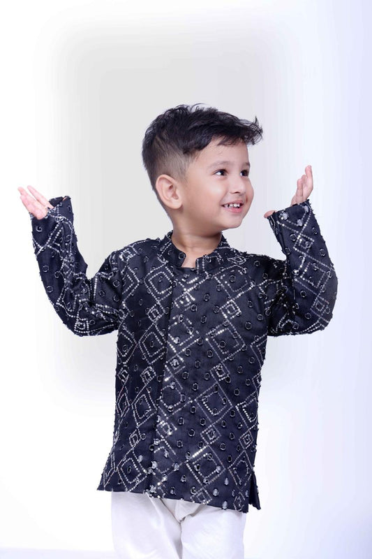 Midnight Black Cotton Denim Bandhgala Set