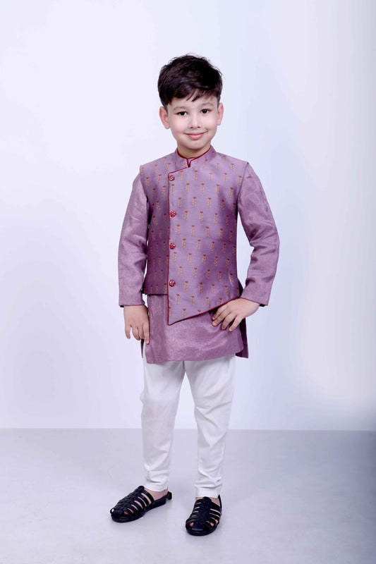 Lavender Chanderi Silk Kurta Set with Printed Bundi