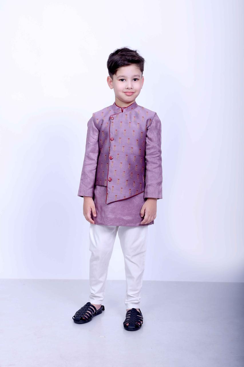 Lavender Chanderi Silk Kurta Set with Printed Bundi
