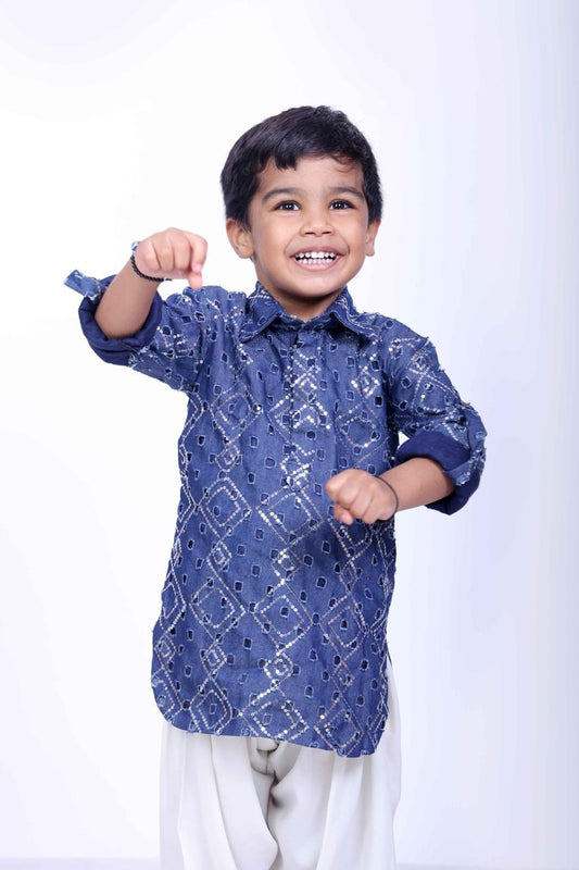 Indigo Blue Cotton Denim Pathani Set