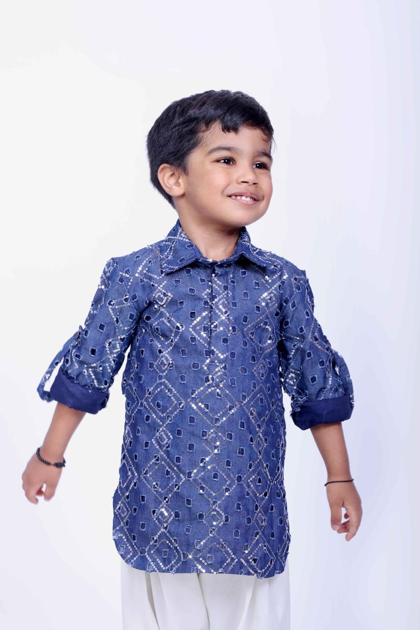 Indigo Blue Cotton Denim Pathani Set
