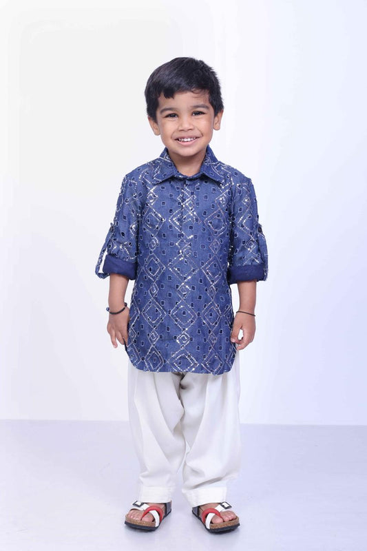 Indigo Blue Cotton Denim Pathani Set