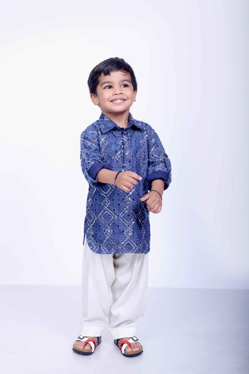 Indigo Blue Cotton Denim Pathani Set